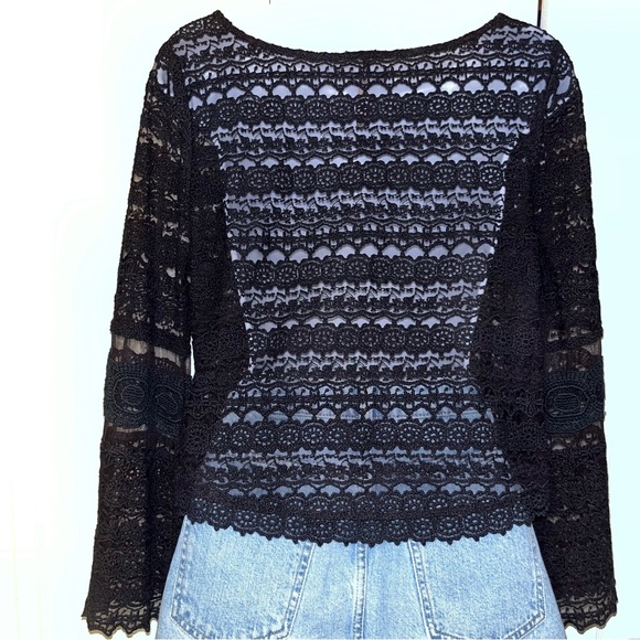Amuse Society Long Bell Sleeve Black Sheer Lace Crop Top - Picture 4 of 9